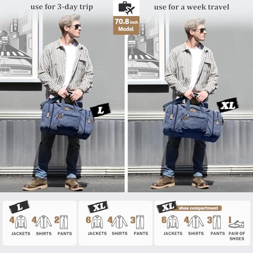 Gonex Canvas Duffle Bag for Travel 60L Expandable Duffel Weekend Overnight Bag men (Blue) - color: Blue, size: X-Large-60L (Without Shoe Compartment)