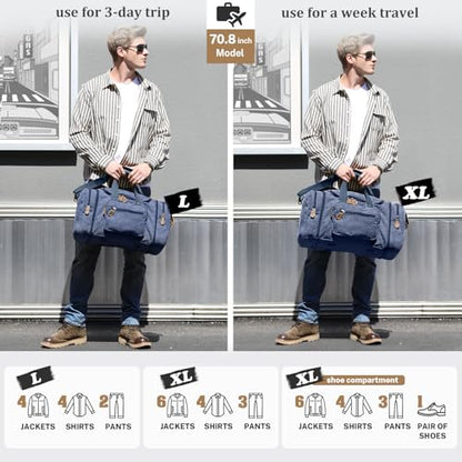 Gonex Canvas Duffle Bag for Travel 50L Expandable Duffel Weekend Overnight Bag men (Blue) - color: Blue, size: Large-50L (Without Shoe Compartment)