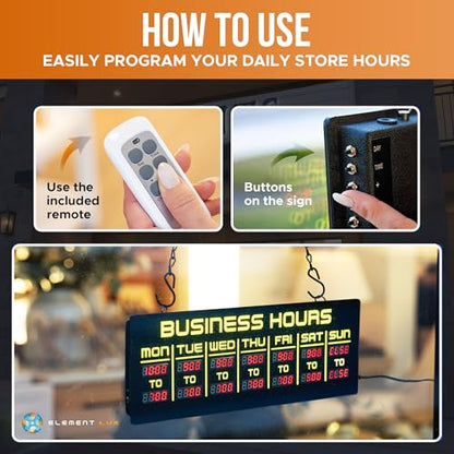 Digital Business Hours Sign by ELEMENT LUX - Electronic Programmable Hours of Operation Signs for Business with Ultra Bright LEDs for Glass Door - Remote and Hanging Kit - 16in x 5.5in, Yellow - color: Yellow and Red
