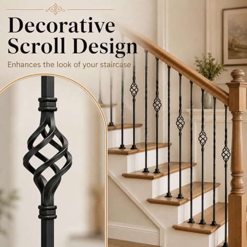 10 Pack 44 Inch Double Twist Iron Balusters with Swivel Shoes | Hollow 1/2 inch wrought iron balusters with double twist baskets and swivel shoes for angled or flat indoor stairs.