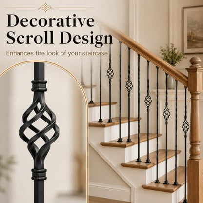10 Pack 44 Inch Double Twist Iron Balusters with Swivel Shoes | Hollow 1/2 inch wrought iron balusters with double twist baskets and swivel shoes for angled or flat indoor stairs.