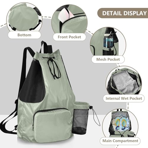 Yuiboo Sage Solid Color Drawstring Backpack Climbing Gym Bag with Water Bottle Pocket Cinch Pack Wet and Dry Separation