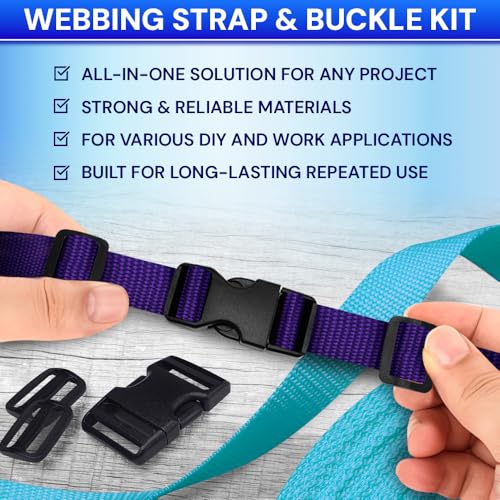 TECEUM 3/4" Nylon Strap Kit with Buckles, Dark Purple 6 yards Repair Set | Heavy duty hardware kit: 6yd webbing, 6 quick release buckles, 12 tri-glide slide clips, 6 metal D-rings for crafting. - color: Dark Purple, size: 3/4" - 6 yards, style: 6 Buckle -