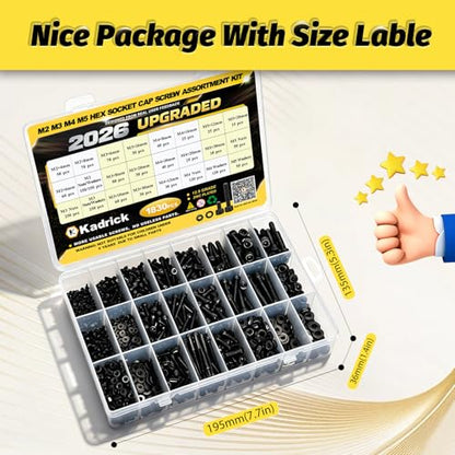 Kadrick M2 M3 M4 M5 Metric Screws Kit 1830PCS, Optimized Assortment with More Screws & Fewer Washers, Class 12.9 Socket Head Cap Screws, Black Zinc Plated Metric Bolt Assortment for 3D Printing & DIY - size: M2-M5 1830Pcs New