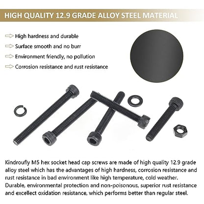 242 Pieces Black M5 x 30/35 /40/45 /50 mm Hex Socket Head Cap Screws Nuts Washers Assortment Kit, 12.9 Grade Alloy Steel - size: M5 x 30/35/40/45/50mm, style: Socket Head