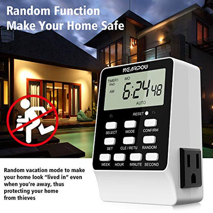 Outlet Timer, NEARPOW Dual Digital Light Timer with 2 Independently-controlled Outlets, 18 ON/OFF Programs, 24-Hour and 7-Day Programmable,Indoor Heavy Duty Electrical Timer Switch, 3 Prong, 15A/1800W | 18 ON/OFF Programs, 24-Hour Weekly Heavy Duty 15A/18
