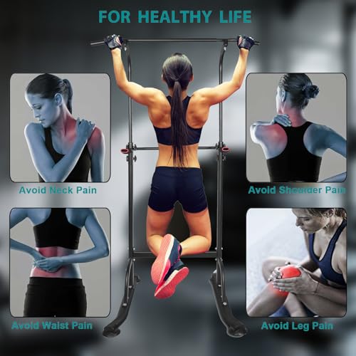 Adjustable Power Tower Pull Up Bar Dip Station, Free Standing Pull Up Rack Dip Station for Home Gym, 400LBS Capacity Height Heavy Duty Multi-Function Home Strength Training Fitness Workout Equipment - color: Black