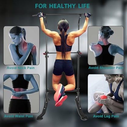Adjustable Power Tower Pull Up Bar Dip Station, Free Standing Pull Up Rack Dip Station for Home Gym, 400LBS Capacity Height Heavy Duty Multi-Function Home Strength Training Fitness Workout Equipment - color: Black