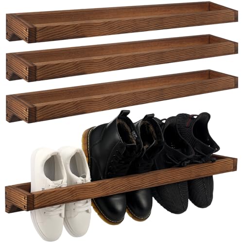 4 Pcs Wall Mounted Wooden Shoe Rack 30 Inch Rustic Wood Wall Hanging Shoe Rack Space Saving Footwear Holder Shoes Storage Organizer for Mudroom, Entryway, Closet (Burnt Wood) - color: Burnt Wood