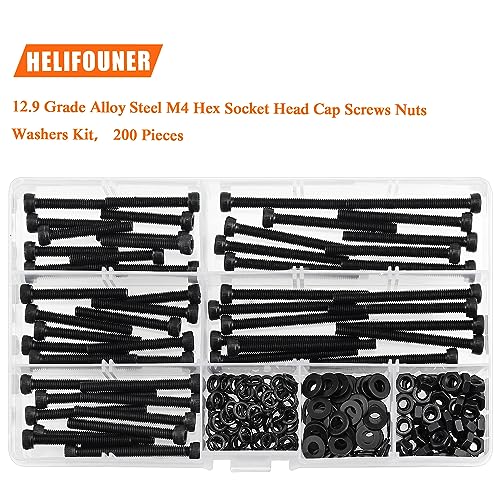 HELIFOUNER 200 Pieces M4 x 30mm /35mm /40mm /45mm /50mm, Hex Socket Head Cap Metric Screws Bolts Washers Nuts Kit, 12.9 Grade Alloy Steel, Fully Threaded, Black - size: M4 x 30/35/40/45/50mm, style: Socket Head