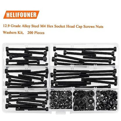 HELIFOUNER 200 Pieces M4 x 30mm /35mm /40mm /45mm /50mm, Hex Socket Head Cap Metric Screws Bolts Washers Nuts Kit, 12.9 Grade Alloy Steel, Fully Threaded, Black - size: M4 x 30/35/40/45/50mm, style: Socket Head