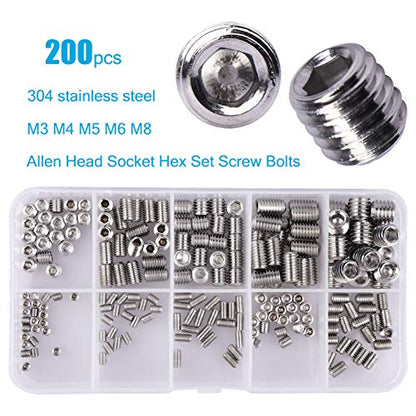 200Pcs Allen Head Socket Hex Set Screw Bolts Assortment Grub Screws Kit Metric M3 M4 M5 M6 M8 w/Internal Hex Drive, Stainless Steel - color: Silver