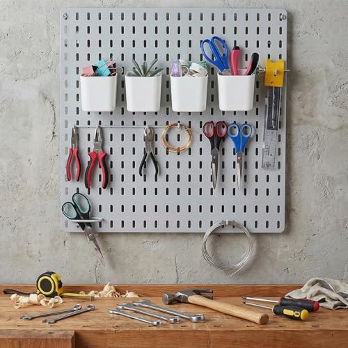 4Pcs Pegboard Cups with Hooks, 2.9 x 3.5 x 3.2 Inch Skadis Pegboard Accessories Pegboard Bins Accessories Top Storage Containers Peg Board Organizer Cups for Garage Wall Kitchen Office Workbench Home