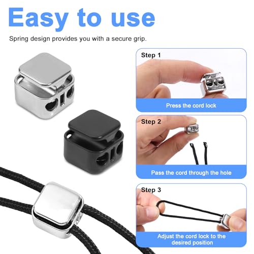 Gosknor 12pcs Heavy Duty Cord Locks, Double Hole Metal Press Cord Locks Pull Cord Stop Fastener Drawstring Stopper Draw String Clip for Lanyard Paracord Pants Shoelaces Drawstrings (Black, Silver)