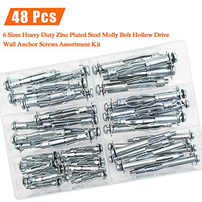 HELIFOUNER Hollow Wall Anchor Screws Set, 6 Sizes Heavy Duty Zinc Plated Steel Molly Bolt Hollow Drive Wall Anchor Screws Assortment Kit for Drywall, Plaster and Tile, 48 PCS