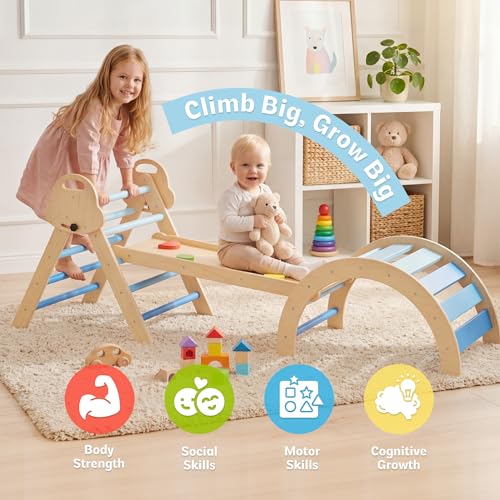 bbgroundgrm 8-in-1 Wooden Climbing Set for Toddlers with Cushion, Foldable Montessori Indoor Climber with Arch, Ramp and Triangle Ladder, Natural Wood Play Gym for Kids 1-3