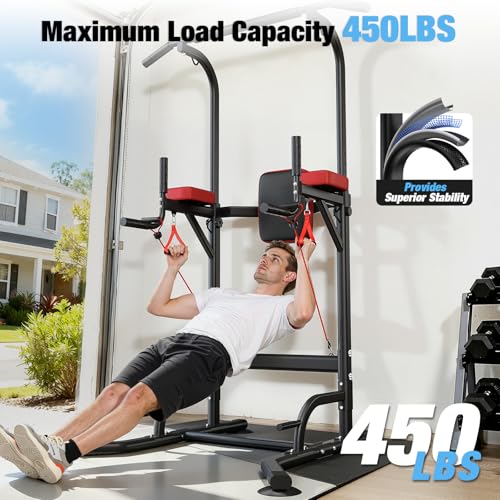 Dskeuzeew Pull Up Bar Free Standing for Multi-Function Home Gym Strength, Pull Up Dip Station Assistive Trainer Height Adjustable, Power Tower Training Heavy-Duty Fitness Equipment - color: Black Red