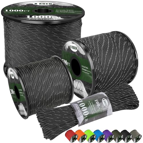 X XBEN Paracord Reflective 1000lb, 50/100/200/500/1000ft 4mm, 13 Strand Parachute Spool Cord, Heavy Duty Paracord Rope for Camping, Fishing, Hiking, Hunting, DIY Crafts, Black - color: Black, size: 300ft