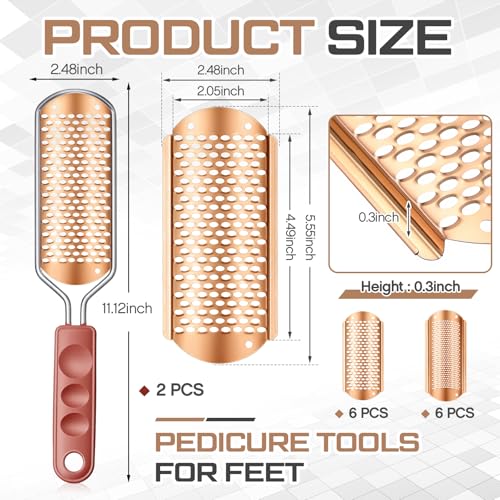 Moxweyeni 14 Pack Colossal Foot File Pedicure Tool Set with 2 Style Large and Small Hole Replacement Callus Remover Blades Rose Gold Stainless Steel Detachable Pedicure Foot Rasp for Dead Skin Remover - color: Rose Gold