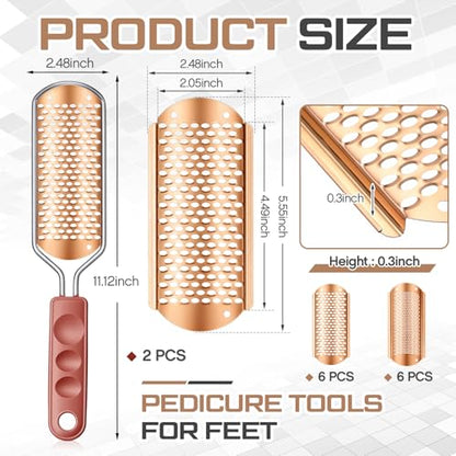 Moxweyeni 14 Pack Colossal Foot File Pedicure Tool Set with 2 Style Large and Small Hole Replacement Callus Remover Blades Rose Gold Stainless Steel Detachable Pedicure Foot Rasp for Dead Skin Remover - color: Rose Gold
