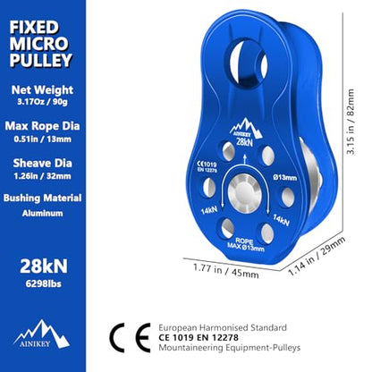 Fixed Plate Micro Pulley, 28KN CE Certified General Purpose Small Aluminum Rope Pulleys Slack Tender for Hauling/Rigging/Climbing/Aloft Work/Rappelling etc (One Unit (28KN Pulley Blue)) - color: One Unit (28KN Pulley Blue)