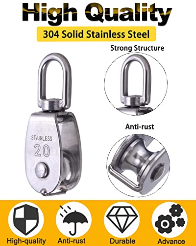 Rocaris 4 Pack 304 Stainless Steel M20 Single Pulley Block | 880 lb Capacity, Lifting Crane Swivel Hook, Roller Loading - style: 4 Pack M20 Single