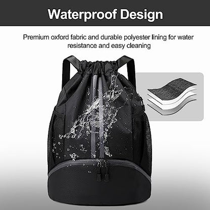 Hoedia Sports Drawstring Backpack - String Swim Gym Bag with Shoes Compartment and Wet Proof Pocket for Women&Men | String Bag with Shoes Compartment and Wet Proof Pocket, Adjustable Wider Shoulder Strap, For Soccer, Basketabll, Volleyball - color: Black,