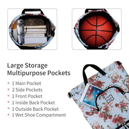 Dry Wet Drawstring Backpack with Shoe Compartment for Women Adjustable Gym Bag - color: Rose With Silver Silk