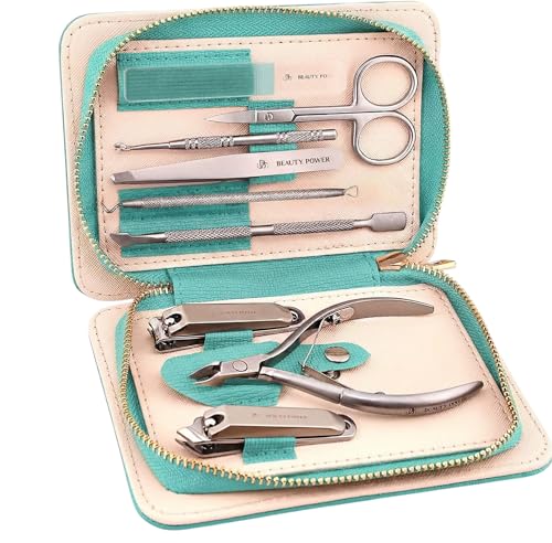 Beauty Power 9 in 1 Professional Manicure Pedicure Set - Stainless Steel Nail Clippers, Nano File, Cuticle Nipper, Scissors, Tweezers, Travel PU Leather Case for Men & Women - Gift Ready New (Blue) - color: Blue