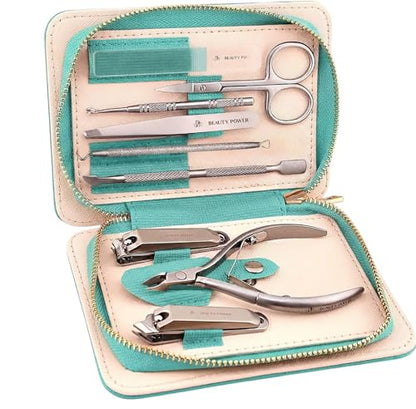 Beauty Power 9 in 1 Professional Manicure Pedicure Set - Stainless Steel Nail Clippers, Nano File, Cuticle Nipper, Scissors, Tweezers, Travel PU Leather Case for Men & Women - Gift Ready New (Blue) - color: Blue