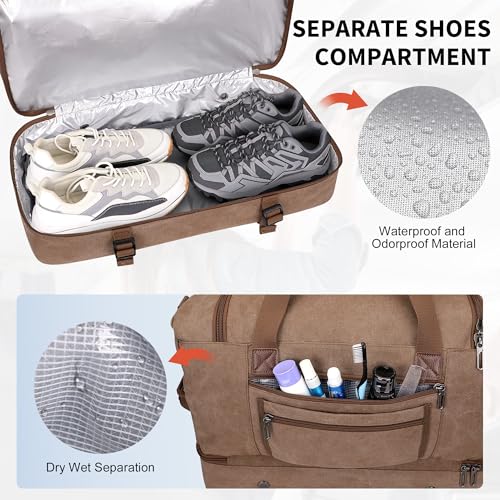 WITZMAN Duffle Bag for Men 50L Travel Canvas Weekender with Toiletry Bag | With Shoe Compartment and Dry-wet Pocket, Convertible, Carry On, One Duffel for Gym, Sports, Overnight, A8010/2 Brown - color: Brown