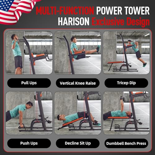 HARISON Multifunction Power Tower with Bench, Heavy Duty Pull Up Bar Dip Station for Home Gym Workout Strength Training Fitness Equipment