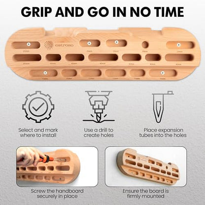 ESTROSO Wooden Hangboard - Training Hang Board with Adjustable Grip Depths, Grip Strengthener, Forearm Exerciser, Pull Ups - Climbing Fingerboard with Installation Kit