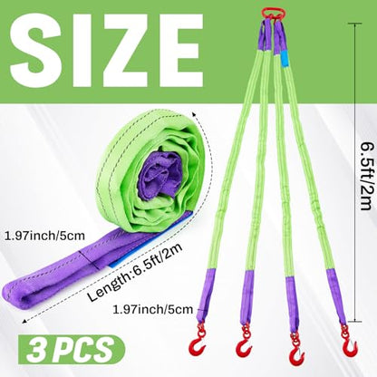 3 Pcs 6.6 ft Polyester Lifting Straps Set - Four Leg Bridle Web Sling & 2 Endless Round Slings Rigging Straps for Hoist, Engine, Crane, Machinery Moving & Tree Stump Removal 6600 lbs Capacity