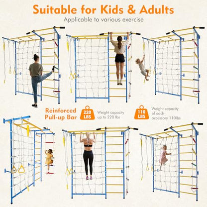 Indoor Playground, Wall Gym, in 1 Monkey Bars Climbing Ladder with Pull Up Bar, Rope Ladder, Rope Wall, Rope, Gymnastic Rings, Indoor Exercise Equipment for Kids and Adults
