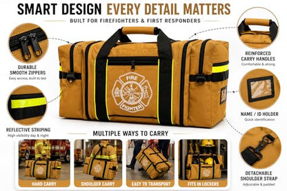 Firefighter Turnout Gear Bag – Heavy Duty Fire Resistant Equipment Duffel with Ventilation Pocket, Reflective Striping, Name Holder & Padded Shoulder Strap – Fireman Gear Bag (Khaki)
