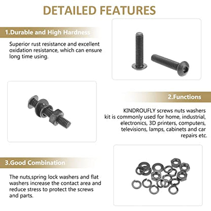 562 Pieces Black M3 x 5/6 /8/10 /12/16 /20mm Button Head Socket Cap Screws Nuts Washers Assortment Kit, 10.9 Grade Alloy Steel - size: M3, style: Button Head