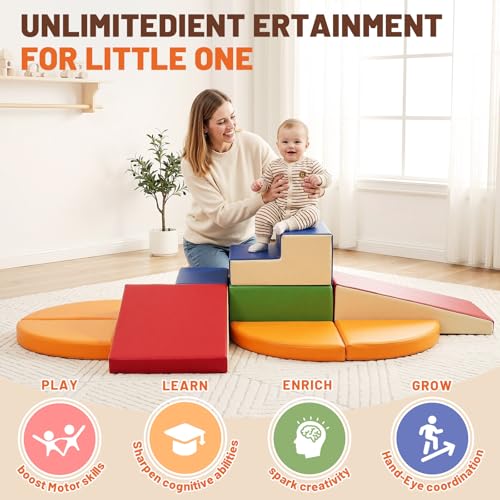 TODIBY 9-Piece Climbing Foam Blocks: Soft PU Leather - Baby Climb and Crawl Activity Blocks - Kids Play Gym Equipment Indoor for Development - style: Classic