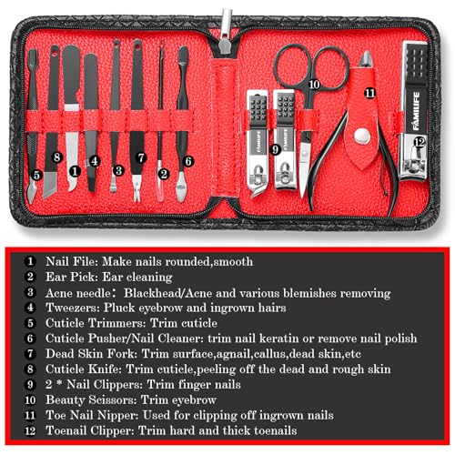 FAMILIFE Nail Kit, Professional Manicure Set Manicure Kit Nail Clipper Set, 13 in 1 Stainless Steel Pedicure Sets Clipper Tool, Men Grooming Tool with Portable Black Leather Travel Case for Him - color: Black