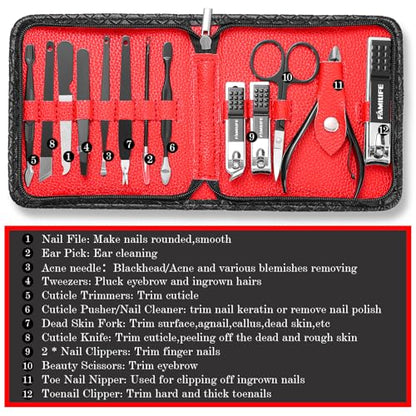 FAMILIFE Nail Kit, Professional Manicure Set Manicure Kit Nail Clipper Set, 13 in 1 Stainless Steel Pedicure Sets Clipper Tool, Men Grooming Tool with Portable Black Leather Travel Case for Him - color: Black