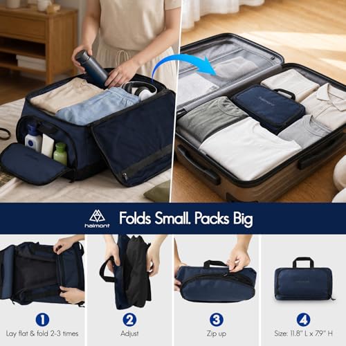 Haimont 60L Foldable Travel Duffel Backpack, Navy Blue | Shoe Compartment, Stowable Straps, U-Shaped Opening, Water-Resistant Build - color: Navy Blue