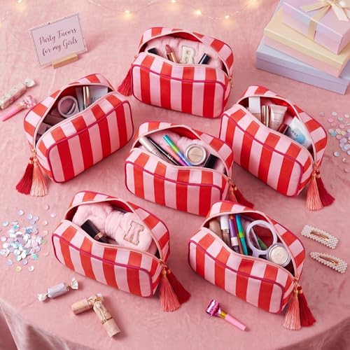 Kacctyen 6 Pack Tomato Red and Light Pink Striped Makeup Bag bulk with Tassel Travel Cosmetic Pouch Organizer Large Zipper Toiletry Case for Women Aesthetic Storage Pouch Mahjong Tile Bag - color: Tomato Red and Light Pink