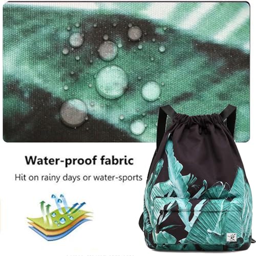 Waterproof Drawstring Bag, Gym Bag Sackpack Sports Beach Backpack for Men Women - color: 05-black Banana Leaves