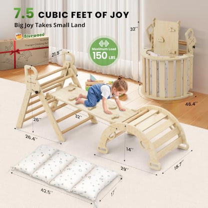 Pikler Triangle Set with Cushion, Wooden Climbing Toys for Toddler | Foldable 8-in-1 Montessori Philosophy Toddler Climbing Toys Indoor with Reversible Ramp, Arch and Ladder - Natural Wood - color: Natural Wood