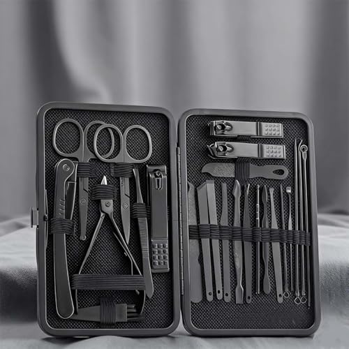 24-Pcs Professional Nail Kit & Complete Nail Cutter Set with Travel Case, Includes Cuticle Trimmer & Nail Design Tools, Mens & Women Fingernail Grooming Kit(Black)