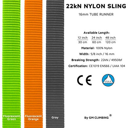 GM CLIMBING 16mm Nylon Sling Runner 22kN / 4950lbf CE UIAA Certified - color: Green, size: 120cm / 48inch | Single Unit