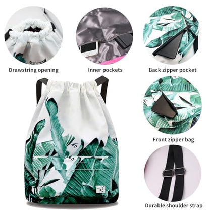 Waterproof Drawstring Bag, Gym Bag Sackpack Sports Beach Backpack for Men Women - color: 06-white Bnana Leaves