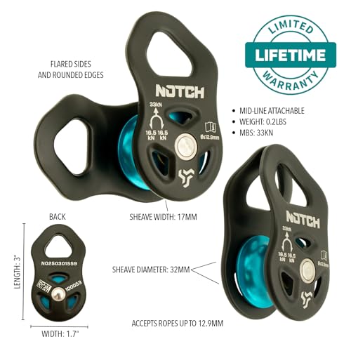 Notch Thirty-Three Micro Pulley with Massive MBS: 7,418 lb. (33kN) (100053) | Mid-line attachable with swinging side plates, Use with Lines up to 1/2” (12.9mm)