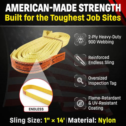 DD Sling 1" x 14' Nylon Endless Lifting Sling – USA Made, 6,400 lb Vertical, 5,100 lb Choker, 12,800 lb Basket – 2 Ply Heavy Duty 900 Webbing, Type 5 Endless Rigging Sling - size: 1"x14'