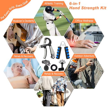 CYFIE Grip Strength Trainer Kit, Adjustable Hand Gripper Strengthener, Forearm Strengthener & Finger Exerciser Set with Finger Stretcher, Stress Ball & Grip Ring for Athletes, Rock Climbing & Rehab - color: BLUE & BLACK